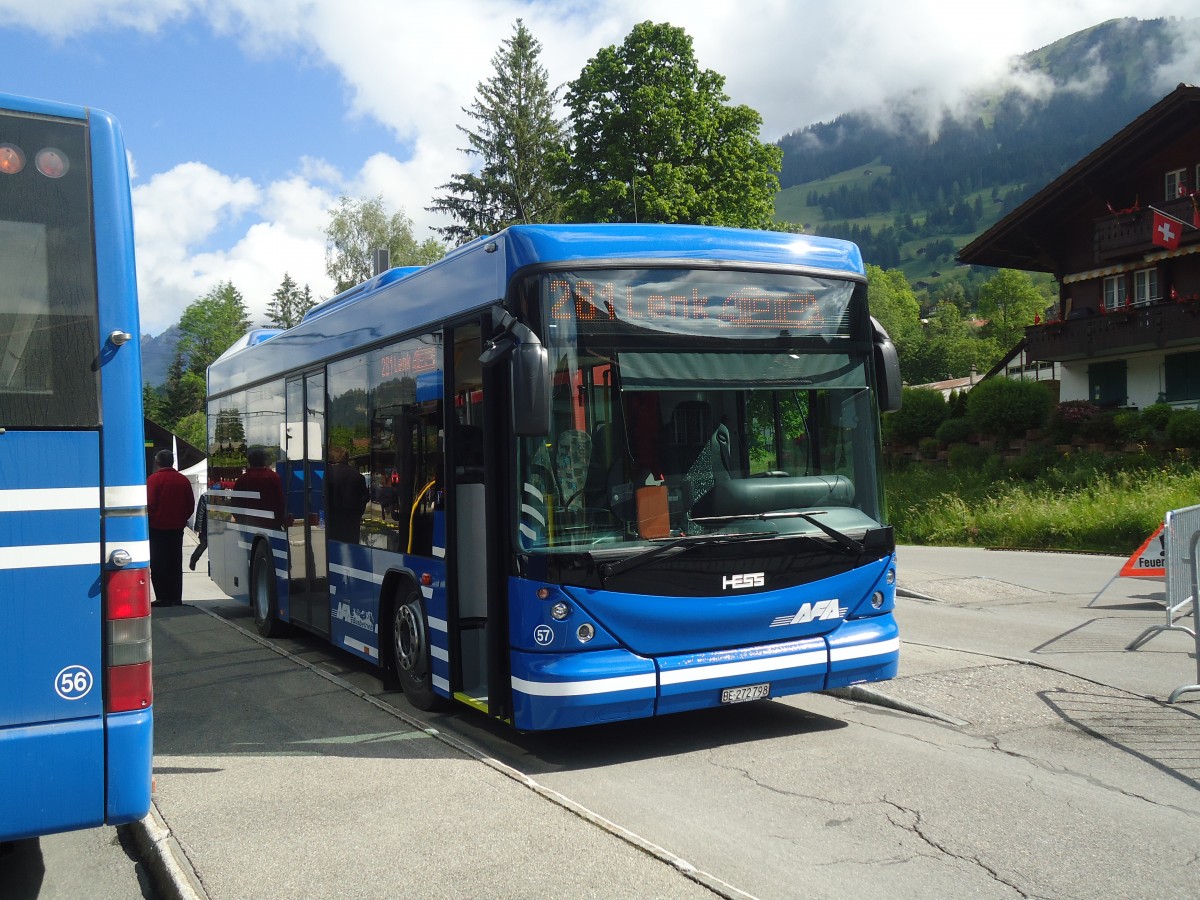 (139'341) - AFA Adelboden - Nr. 57/BE 272'798 - Scania/Hess am 10. Juni 2012 beim Bahnhof Lenk