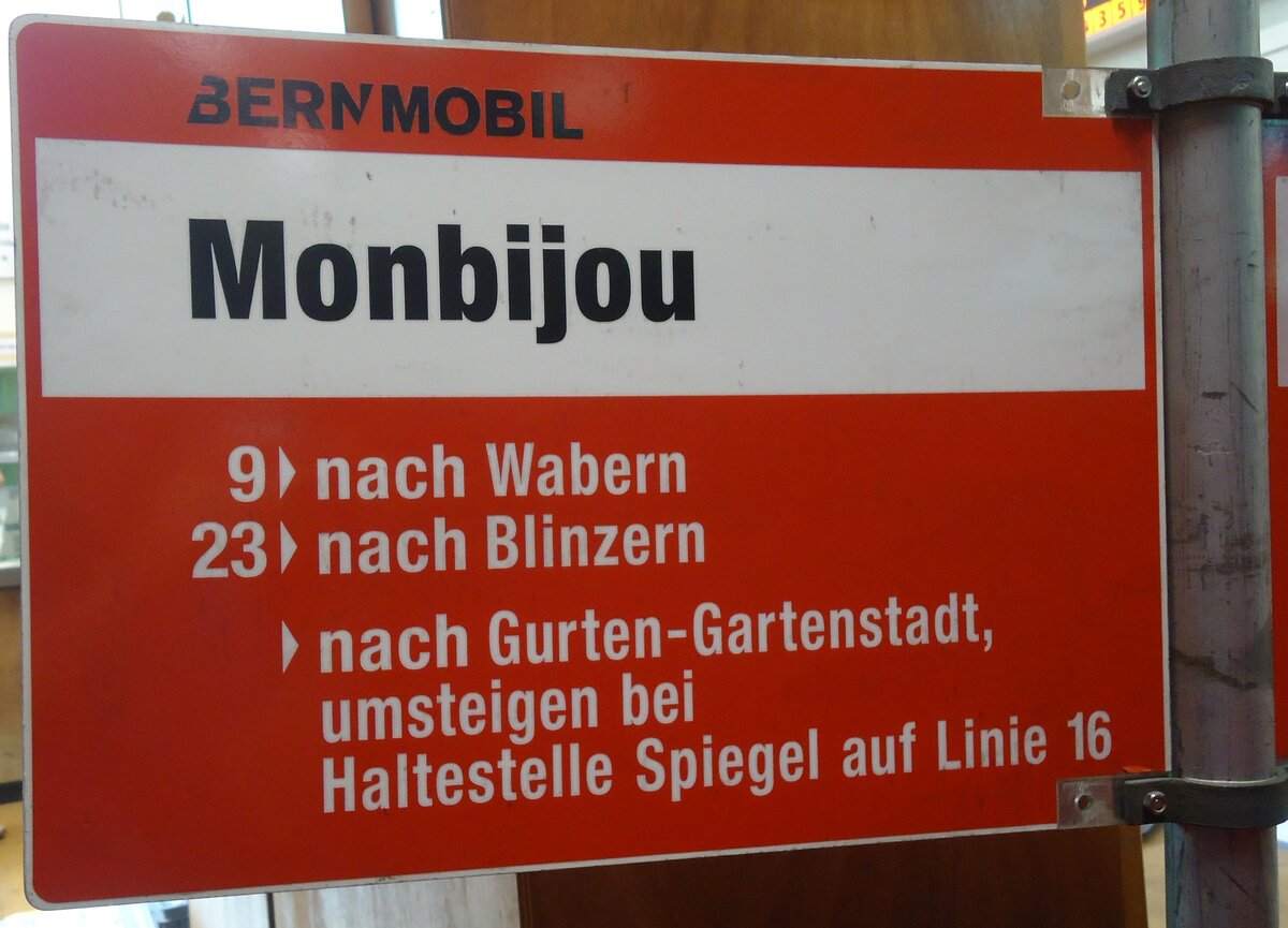 (140'097) - BERNMOBIL-Haltestellenschild - Bern, Monbijou - am 24. Juni 2012 in Bern, Weissenbhl