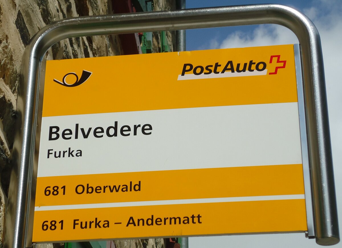 (140'265) - PostAuto-Haltestellenschild - Furka, Belvedere - am 1. Juli 2012