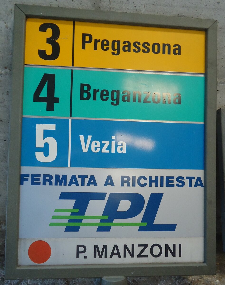 (141'300) - TPL-Haltestellenschild - Lugano, P. Manzoni - am 19. August 2012 in Yvonand, Halle TVS