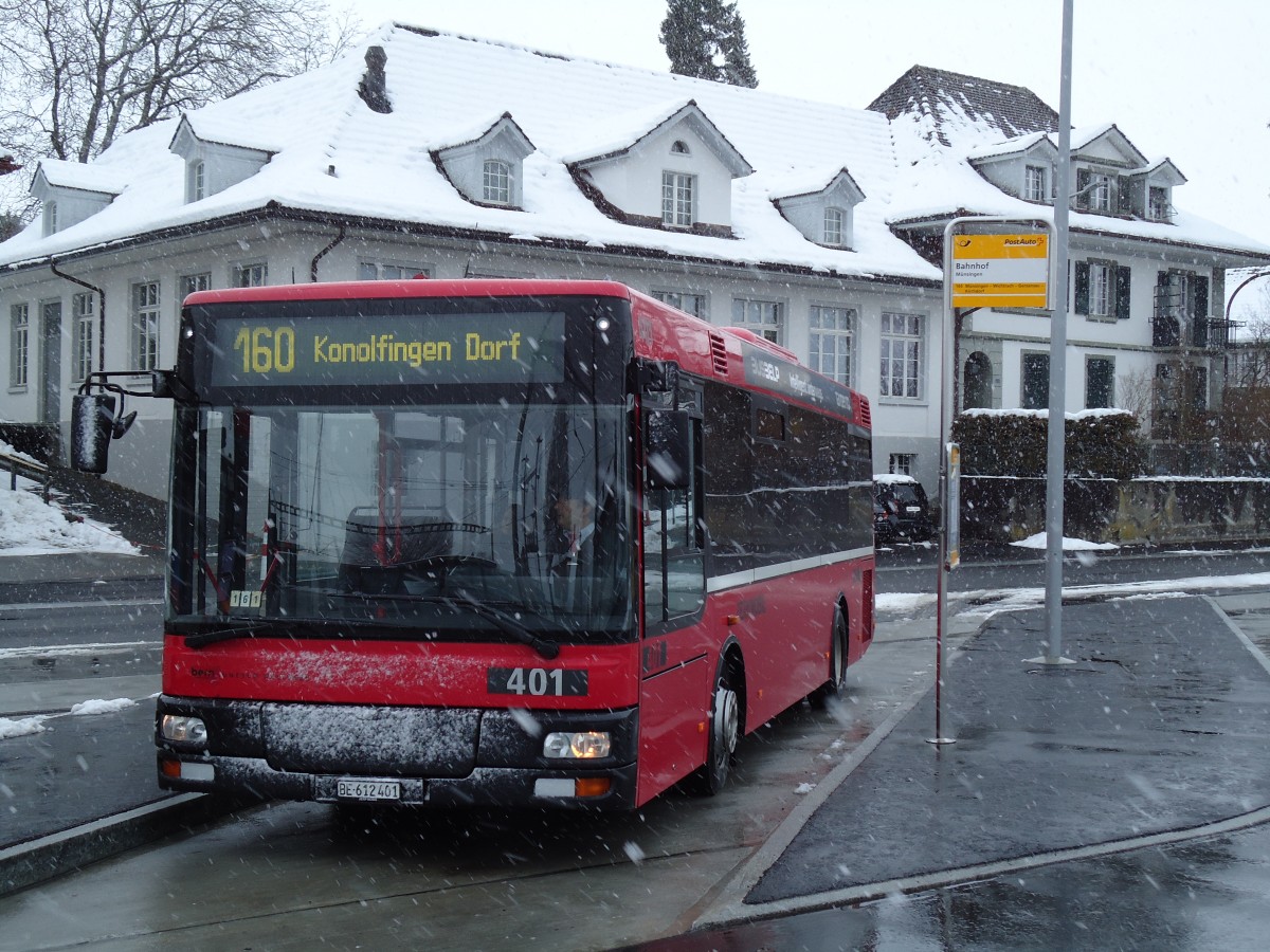 (142'440) - Bernmobil, Bern - Nr. 401/BE 612'401 - MAN/Gppel am 10. Dezember 2012 beim Bahnhof Mnsingen