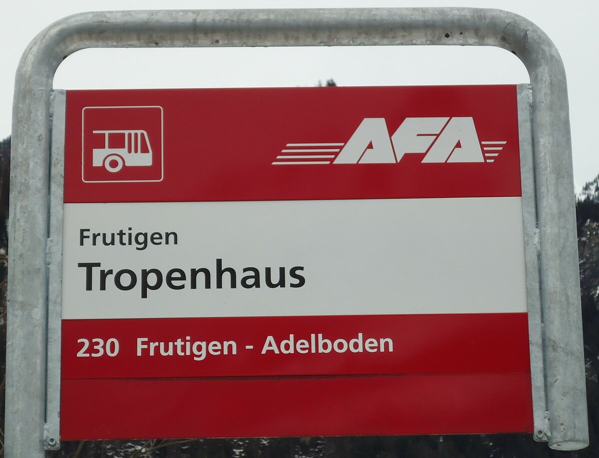 (142'545) - AFA-Haltestellenschild - Frutigen, Topenhaus - am 16. Dezember 2012