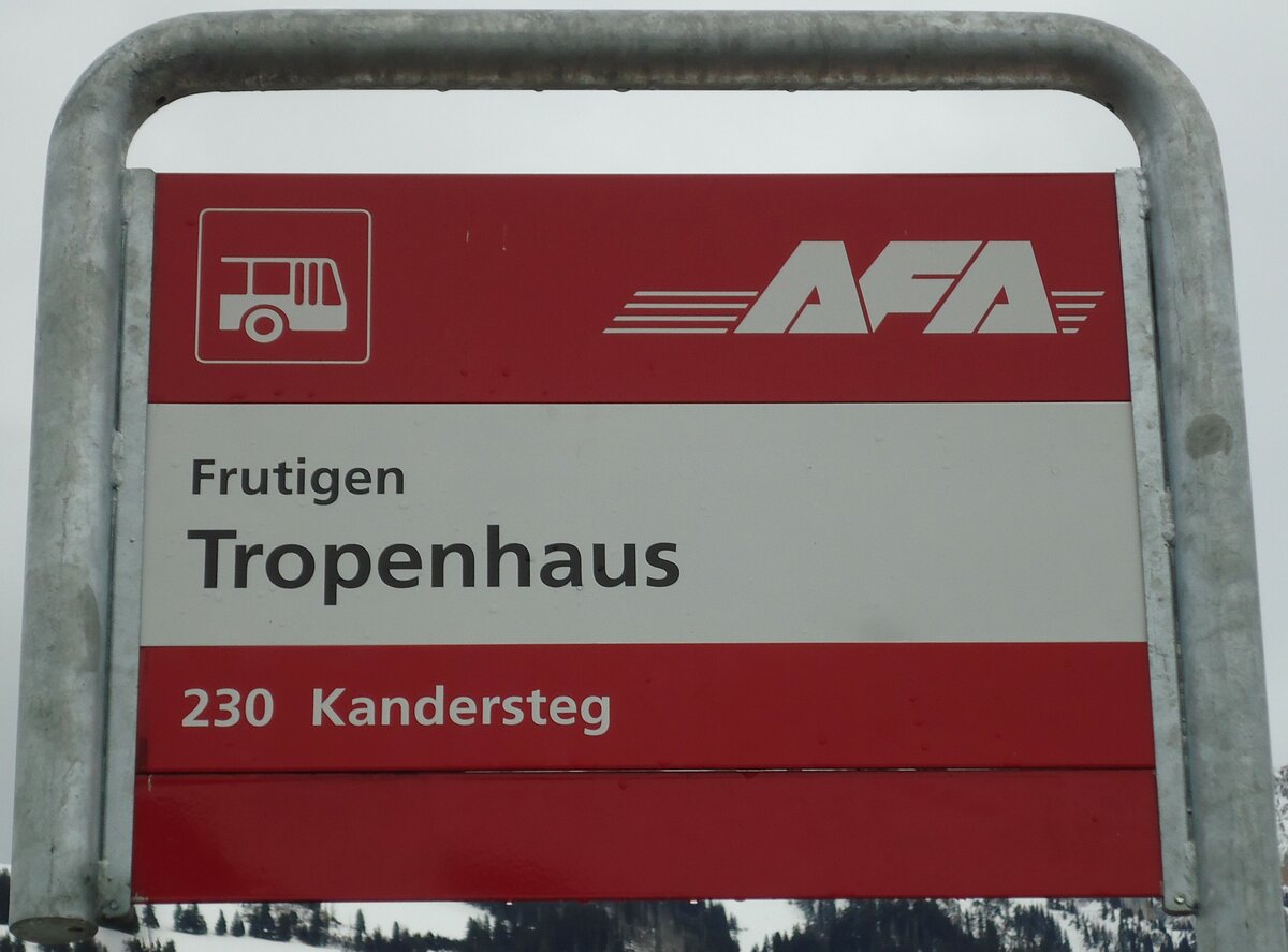 (142'546) - AFA-Haltestellenschild - Frutigen, Tropenhaus - am 16. Dezember 2012