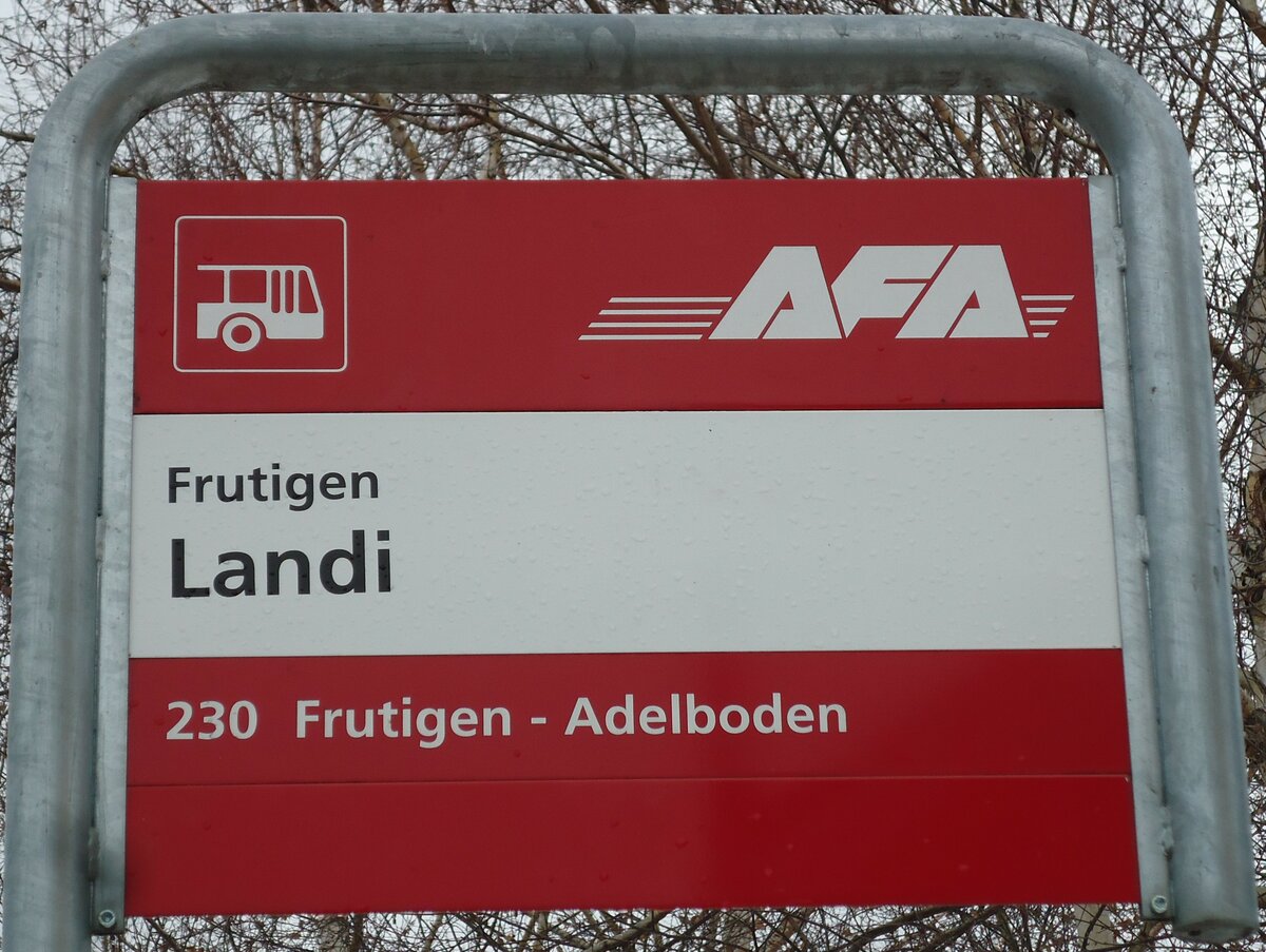 (142'548) - AFA-Haltestellenschild - Frutigen, Landi - am 16. Dezember 2012