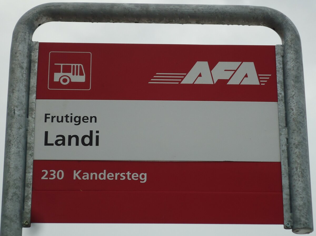 (142'549) - AFA-Haltestellenschild - Frutigen, Landi - am 16. Dezember 2012