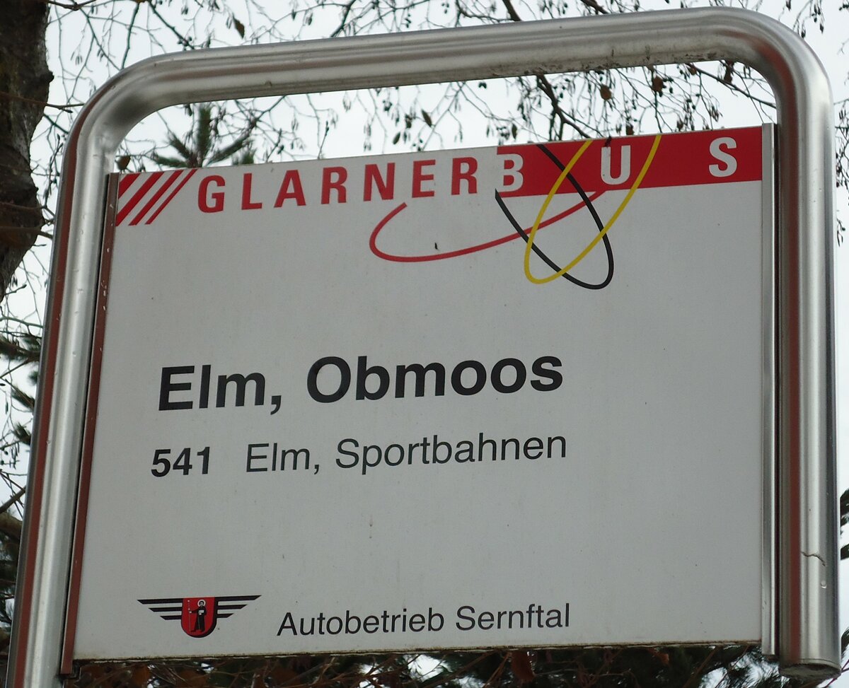 (142'597) - GLARNER BUS/Autobetrieb Sernftal-Haltestellenschild - Elm, Obmoos - am 23. Dezember 2012