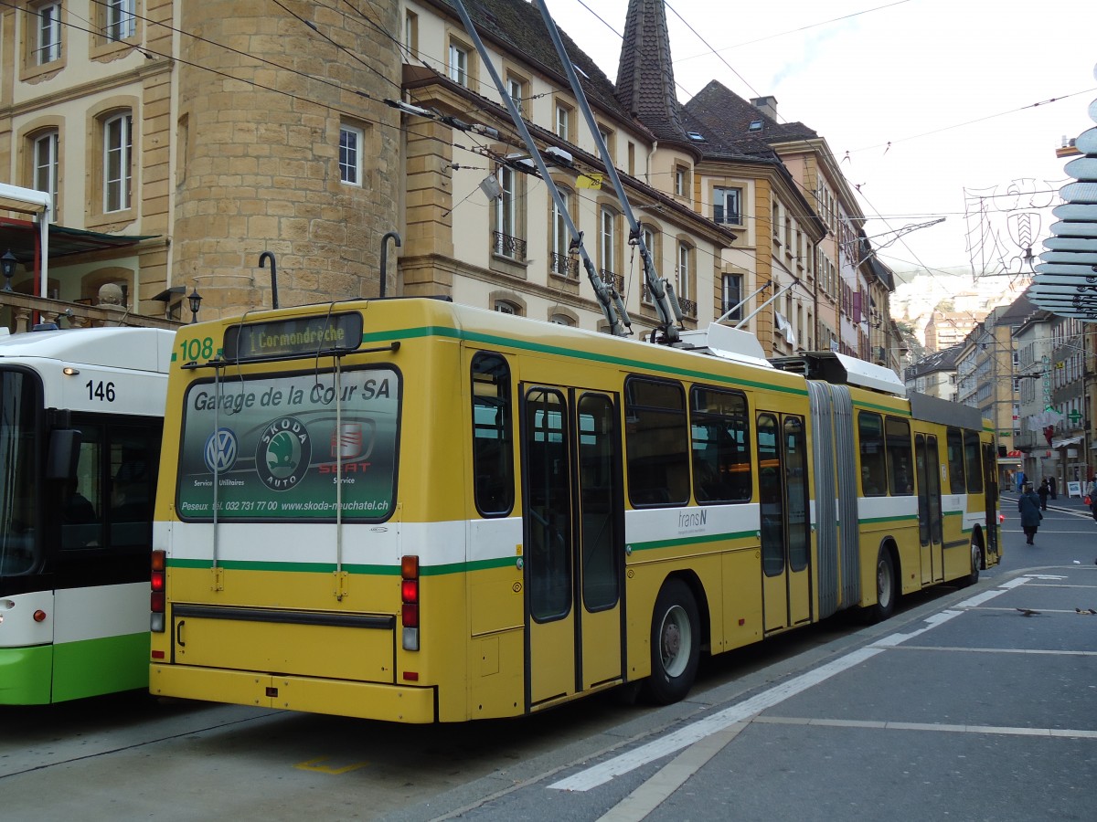 (142'741) - transN, La Chaux-de-Fonds - Nr. 108 - NAW/Hess Gelenktrolleybus (ex TN Neuchtel Nr. 108) am 29. Dezember 2012 in Neuchtel, Place Pury