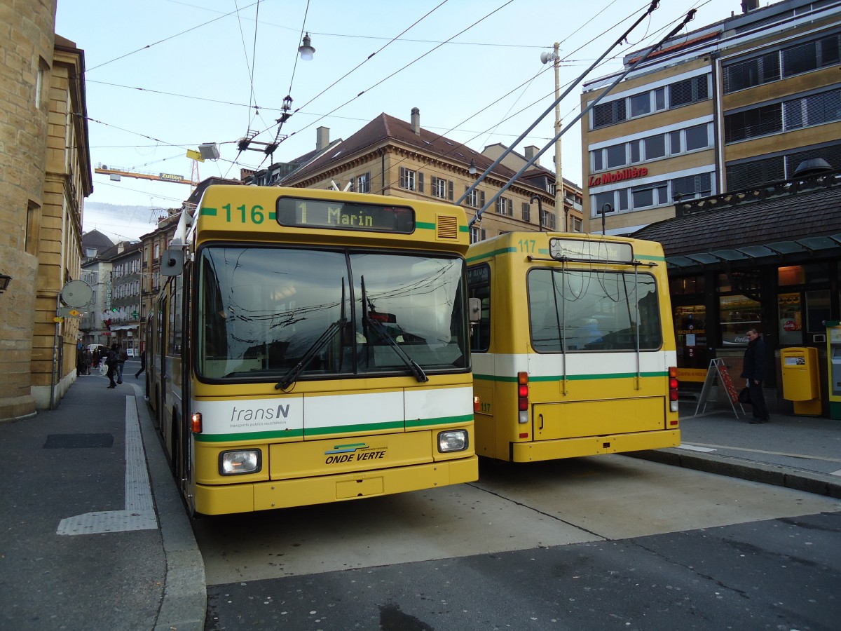 (142'749) - transN, La Chaux-de-Fonds - Nr. 116 - NAW/Hess Gelenktrolleybus (ex TN Neuchtel Nr. 116) am 29. Dezember 2012 in Neuchtel, Place Pury