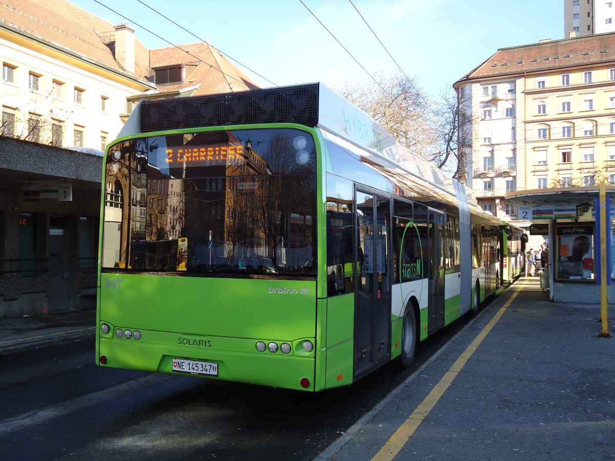 (142'775) - transN, La Chaux-de-Fonds - Nr. 347/NE 145'347 - Solaris am 29. Dezember 2012 beim Bahnhof La Chaux-de-Fonds