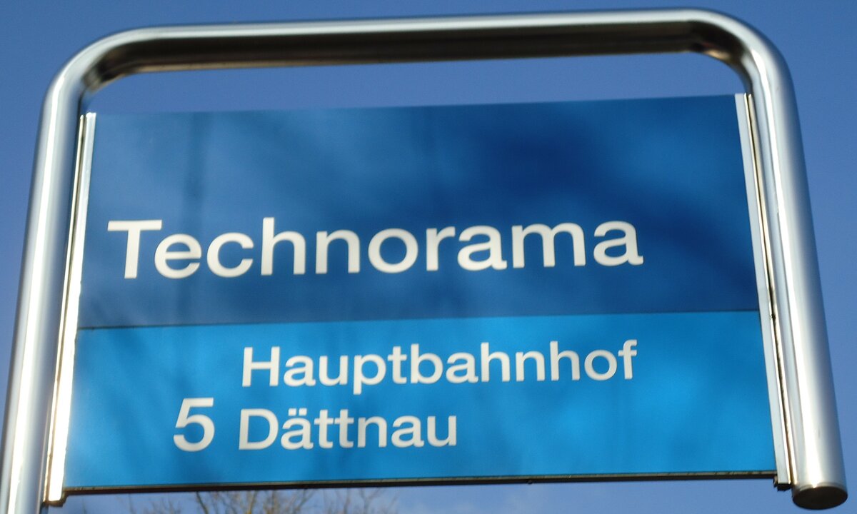(143'600) - SBW-Haltestellenschild - Winterthur, Technorama - am 1. April 2013