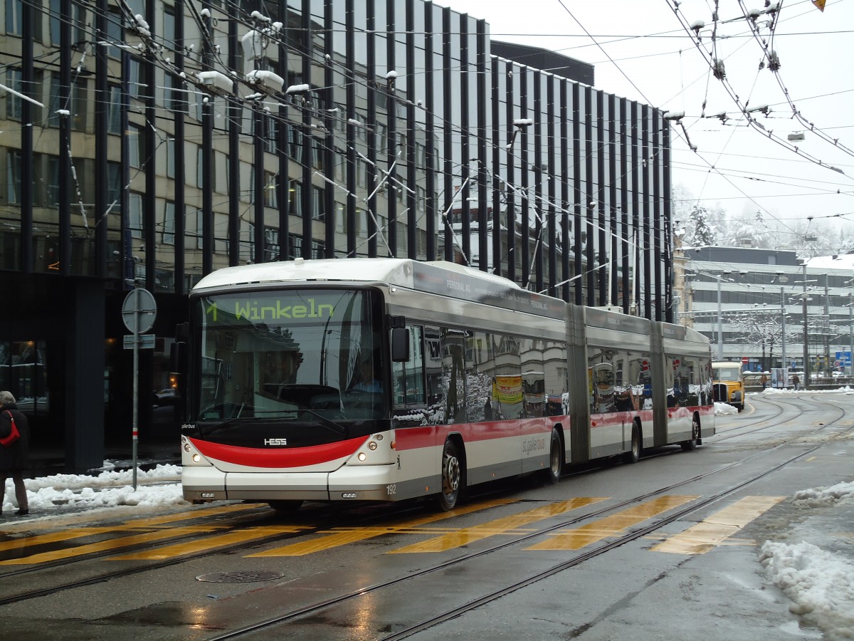 (143'658) - St. Gallerbus, St. Gallen - Nr. 192 - Hess/Hess Doppelgelenktrolleybus am 20. April 2013 beim Bahnhof St. Gallen