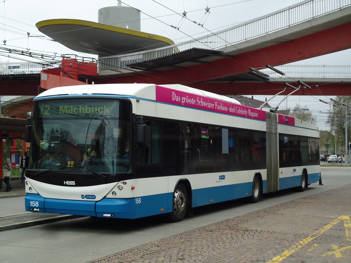 (143'807) - VBZ Zrich - Nr. 158 - Hess/Hess Gelenktrolleybus am 21. April 2013 in Zrich, Bucheggplatz