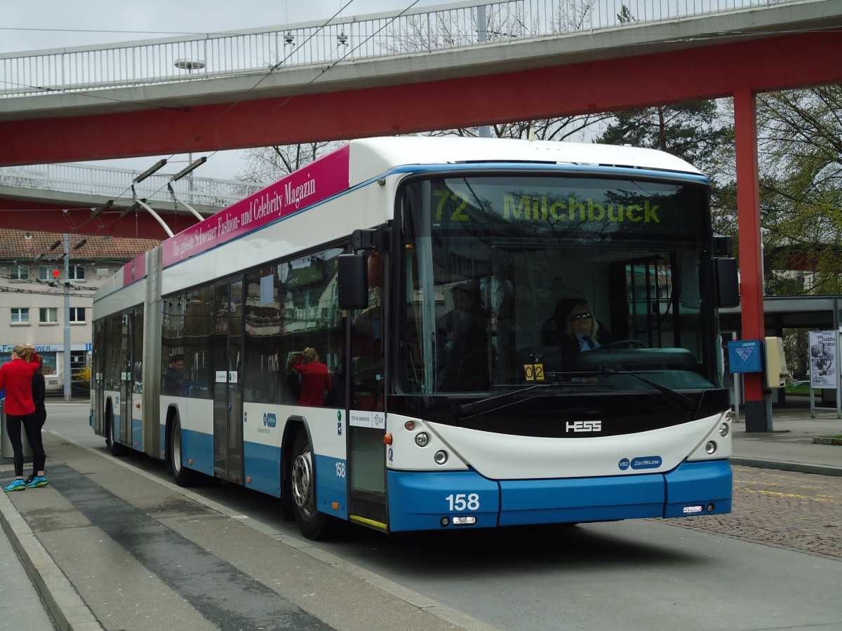 (143'808) - VBZ Zrich - Nr. 158 - Hess/Hess Gelenktrolleybus am 21. April 2013 in Zrich, Bucheggplatz