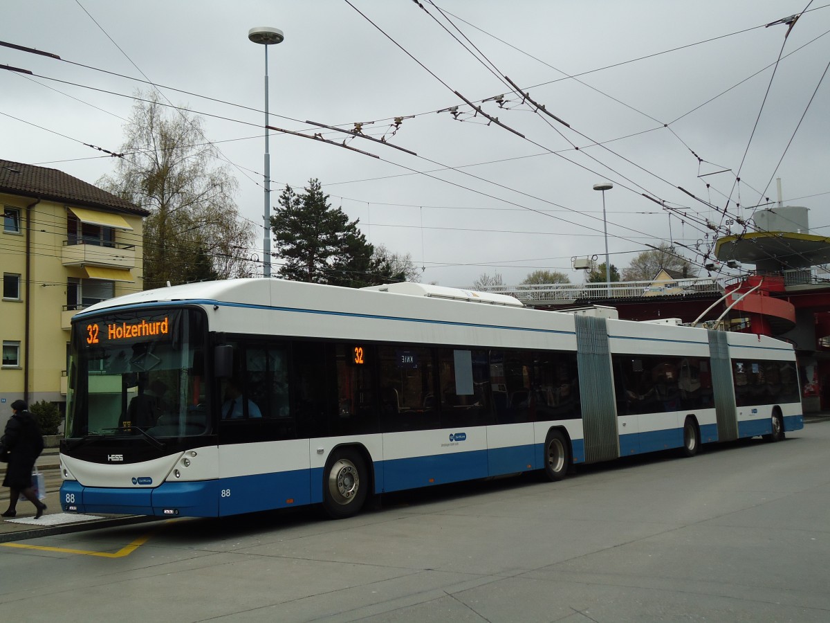 (143'811) - VBZ Zrich - Nr. 88 - Hess/Hess Doppelgelenktrolleybus am 21. April 2013 in Zrich, Bucheggplatz