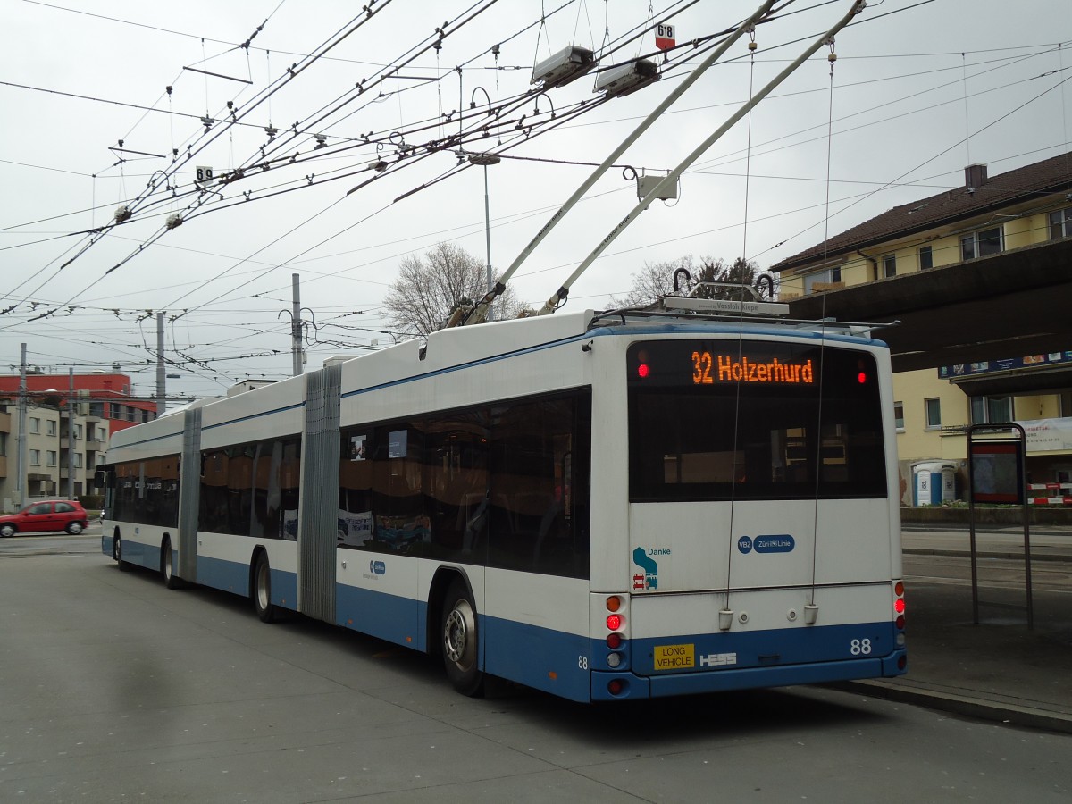 (143'812) - VBZ Zrich - Nr. 88 - Hess/Hess Doppelgelenktrolleybus am 21. April 2013 in Zrich, Bucheggplatz