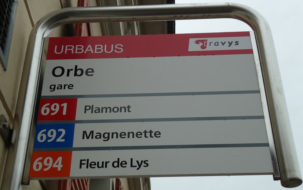 (143'839) - URBABUS/travys-Haltestellenschild - Orbe, gare - am 27. April 2013