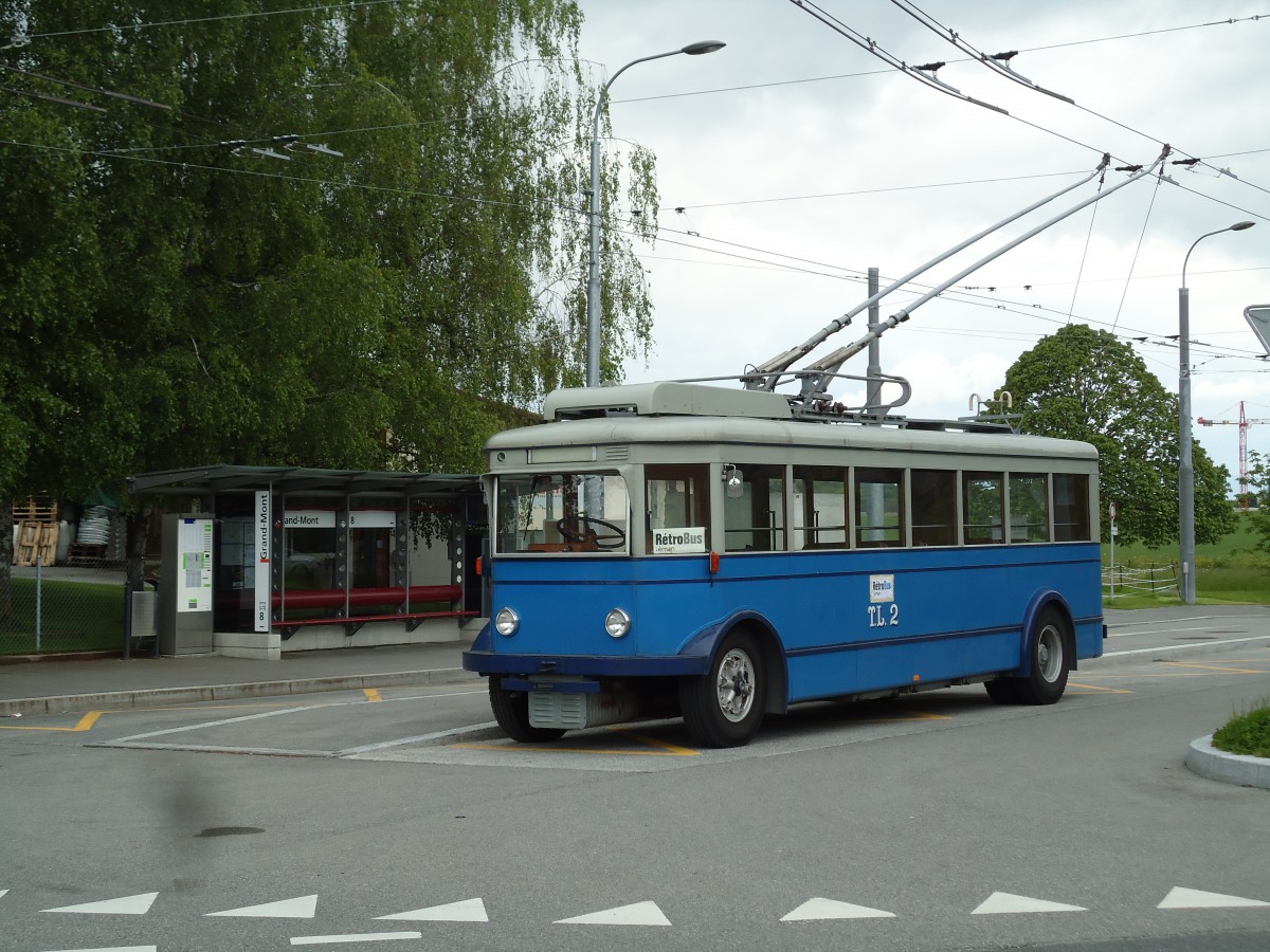 (144'618) - TL Lausanne (Rtrobus) - Nr. 2 - FBW/Eggli Trolleybus (ex Nr. 3) am 26. Mai 2013 in Le Mont, Grand-Mont