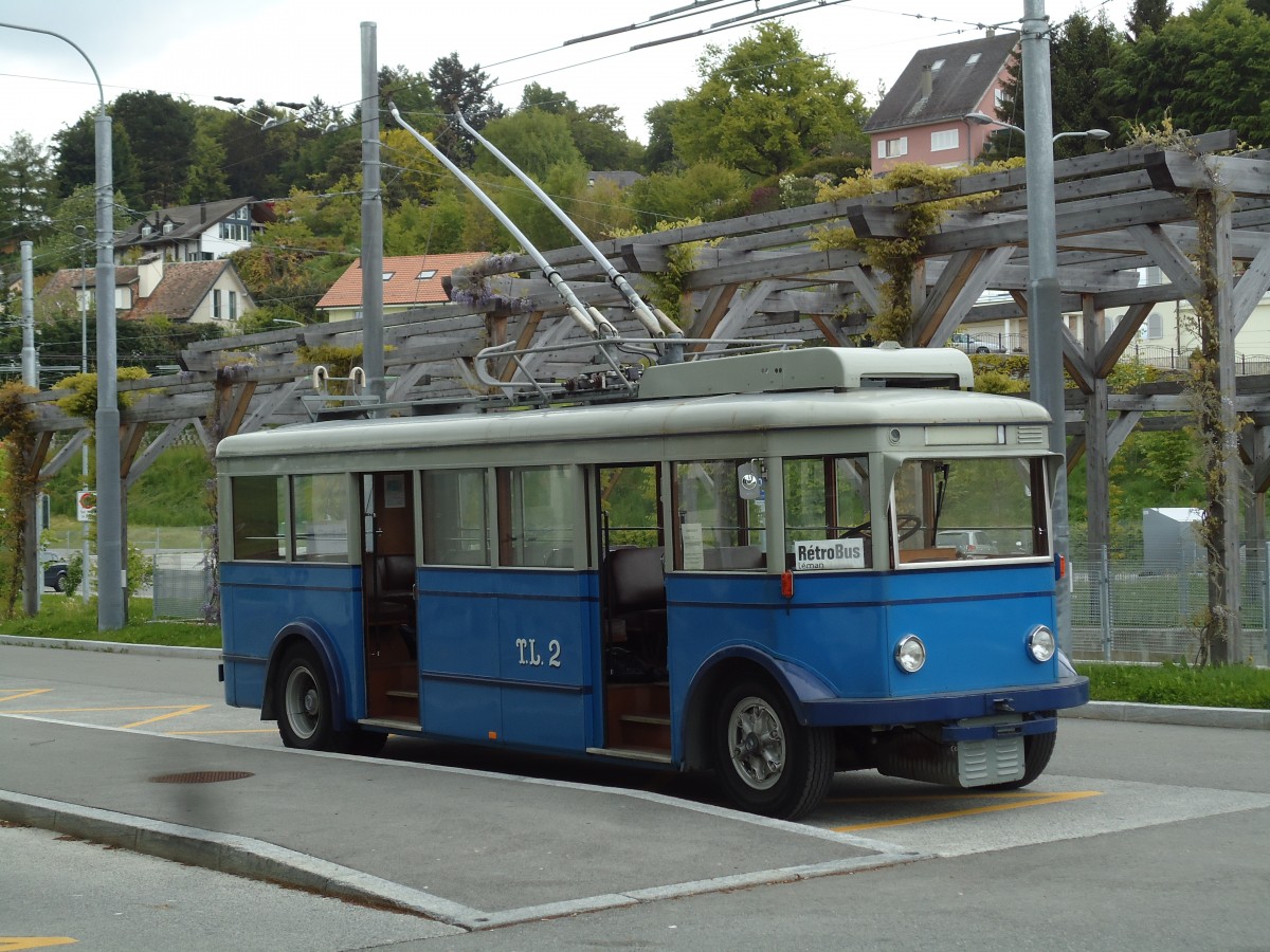 (144'621) - TL Lausanne (Rtrobus) - Nr. 2 - FBW/Eggli Trolleybus (ex Nr. 3) am 26. Mai 2013 in Le Mont, Grand-Mont