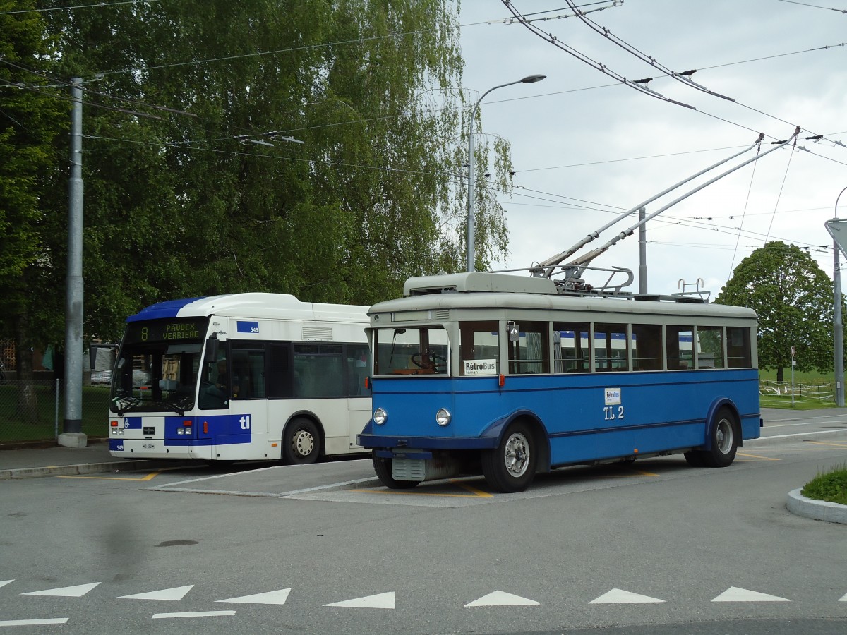 (144'624) - TL Lausanne (Rtrobus) - Nr. 2 - FBW/Eggli Trolleybus (ex Nr. 3) am 26. Mai 2013 in Le Mont, Grand-Mont