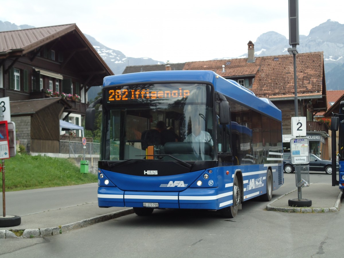 (146'151) - AFA Adelboden - Nr. 57/BE 272'798 - Scania/Hess am 28. Juli 2013 beim Bahnhof Lenk