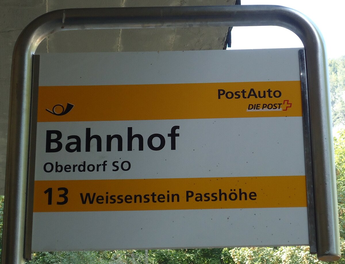 (146'790) - PostAuto-Haltestellenschild - Oberdorf SO, Bahnhof - am 31. August 2013