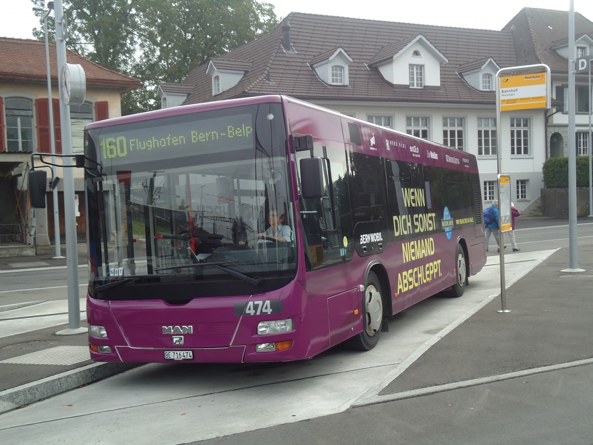 (147'437) - Bernmobil, Bern - Nr. 474/BE 716'474 - MAN/Gppel (ex Peyer, Niederwangen Nr. 74) am 30. September 2013 beim Bahnhof Mnsingen