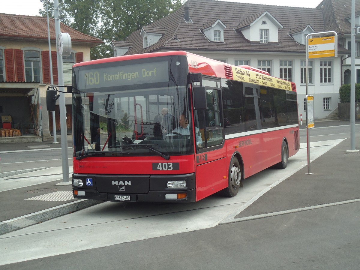 (147'439) - Bernmobil, Bern - Nr. 403/BE 612'403 - MAN/Gppel am 30. September 2013 beim Bahnhof Mnsingen