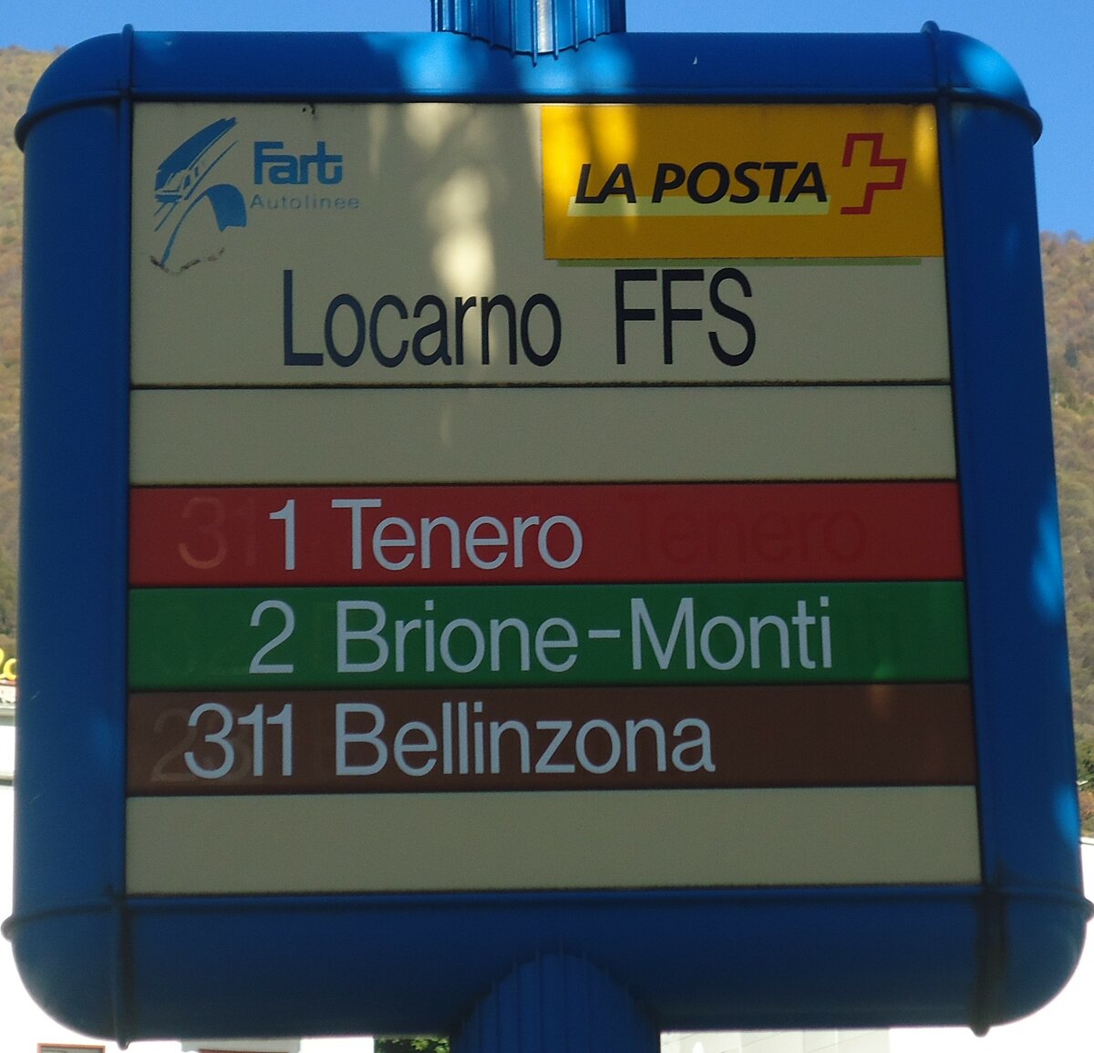 (147'605) - Fart/PostAuto-Haltestellenschild - Locarno, FFS - am 5. November 2013