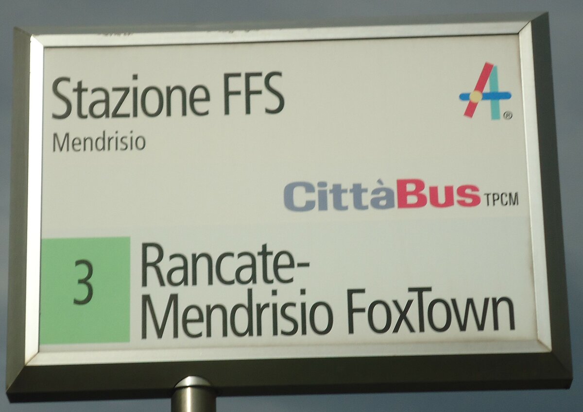 (147'846) - CittBus-Haltestellenschild - Mendrisio, Stazione FFS - am 6. November 2013