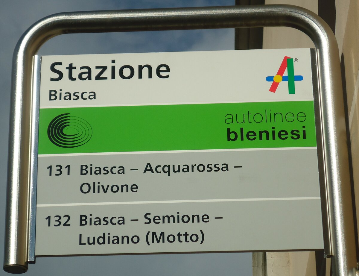 (147'866) - autolinee bleniesi-Haltestellenschild - Biasca, Stazione - am 6. November 2013