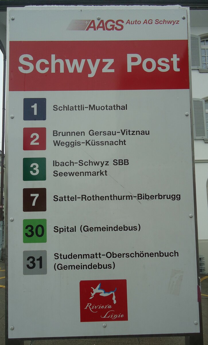 (148'131) - AAGS-Haltestellenschild - Schwyz, Post - am 23. November 2013