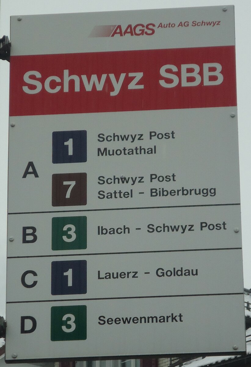 (148'151) - AAGS-Haltestellenschild - Schwyz, SBB - am 23. November 2013