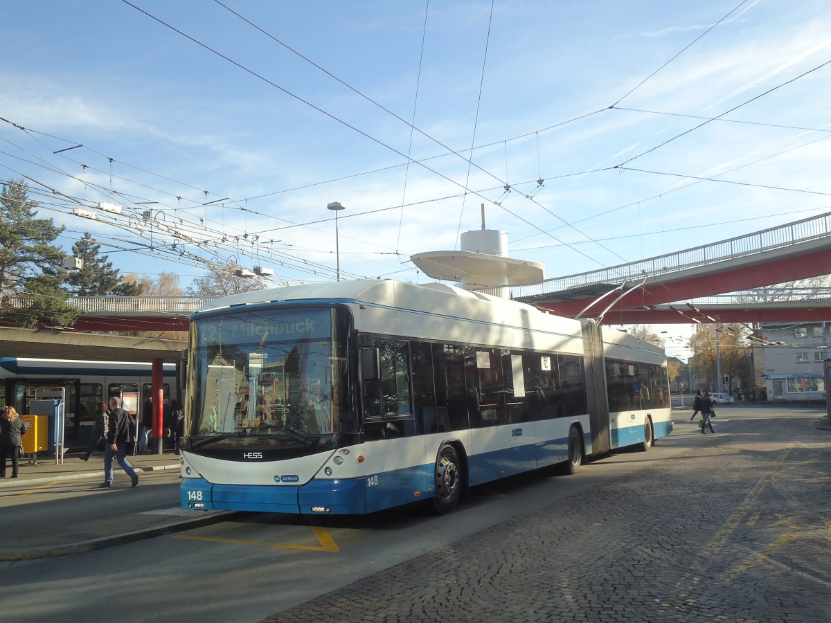 (148'266) - VBZ Zrich - Nr. 148 - Hess/Hess Gelenktrolleybus am 9. Dezember 2013 in Zrich, Bucheggplatz
