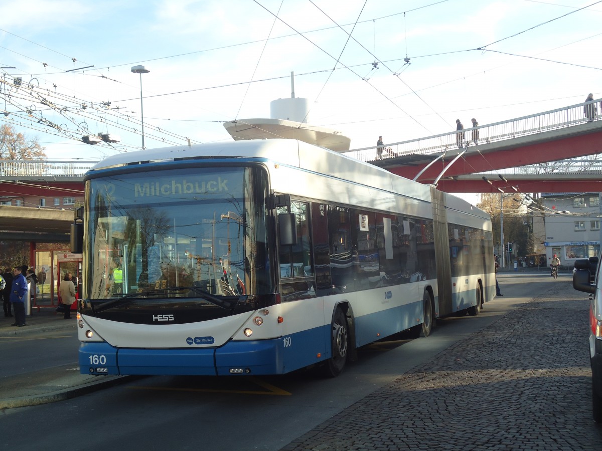 (148'280) - VBZ Zrich - Nr. 160 - Hess/Hess Gelenktrolleybus am 9. Dezember 2013 in Zrich, Bucheggplatz