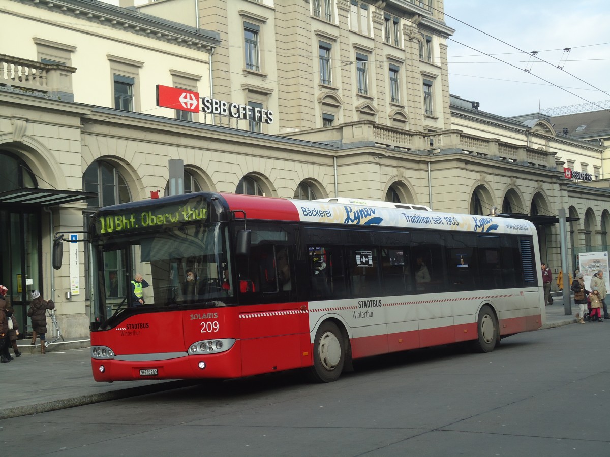(148'414) - SW Winterthur - Nr. 209/ZH 730'209 - Solaris am 22. Dezember 2013 beim Hauptbahnhof Winterthur