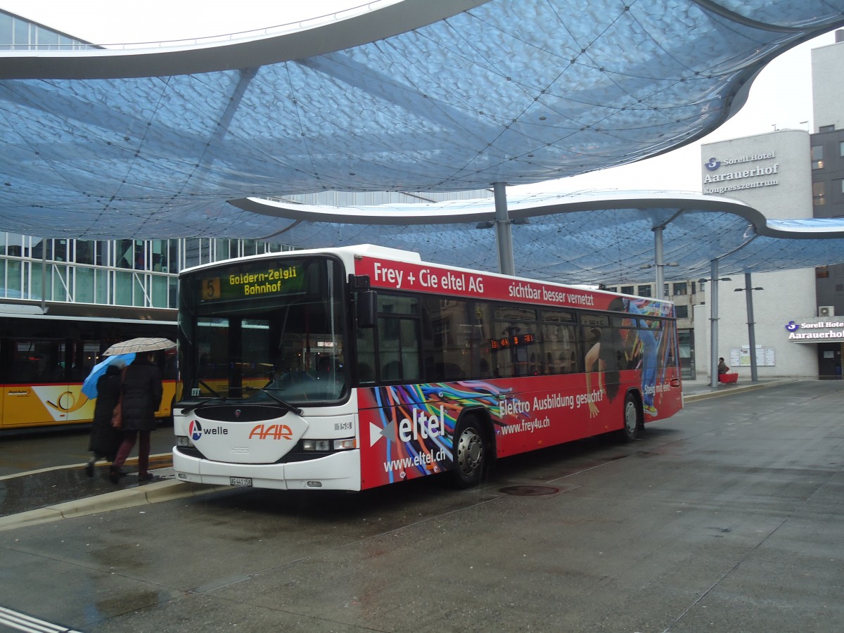 (148'485) - AAR bus+bahn, Aarau - Nr. 158/AG 441'158 - Scania/Hess am 26. Dezember 2013 beim Bahnhof Aarau