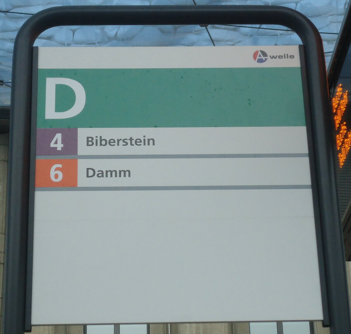 (148'490) - A-welle-Haltestellenschild - Aarau, Bahnhof - am 26. Dezember 2013