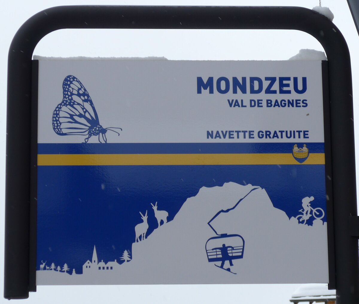 (148'732) - NAVETTE GRATUITE-Haltestellenschild - Verbier, Mondzeu - am 2. Februar 2014