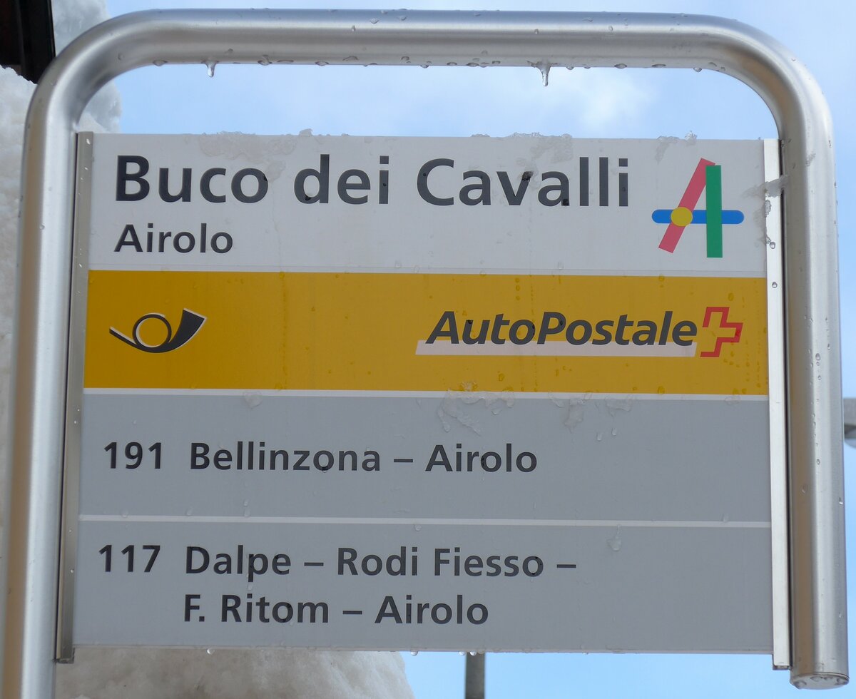(148'803) - PostAuto-Haltestellenschild - Airolo, Buco deiCavalli - am 9. Februar 2014