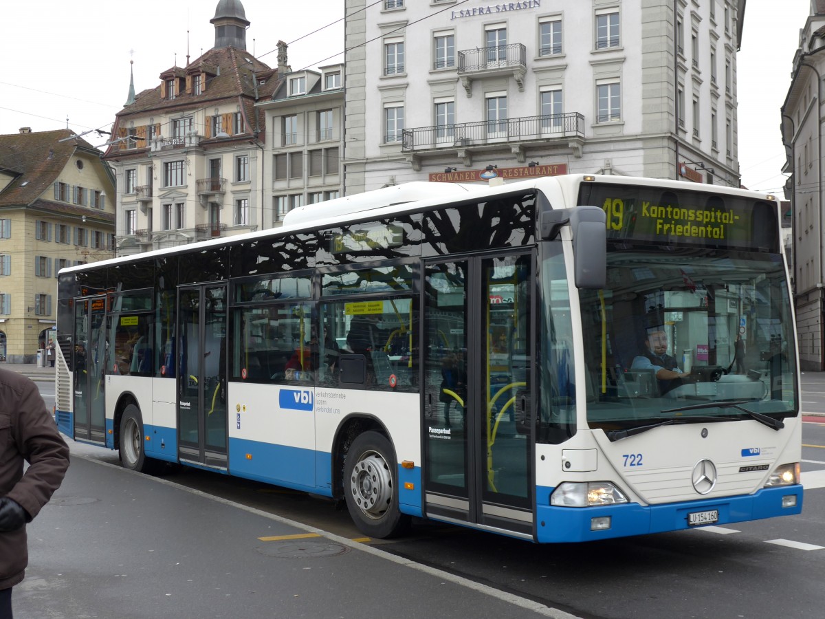 (148'929) - VBL Luzern - Nr. 722/LU 154'160 - Mercedes (ex Heggli, Kriens Nr. 722) am 16. Februar 2014 in Luzern, Schwanenplatz