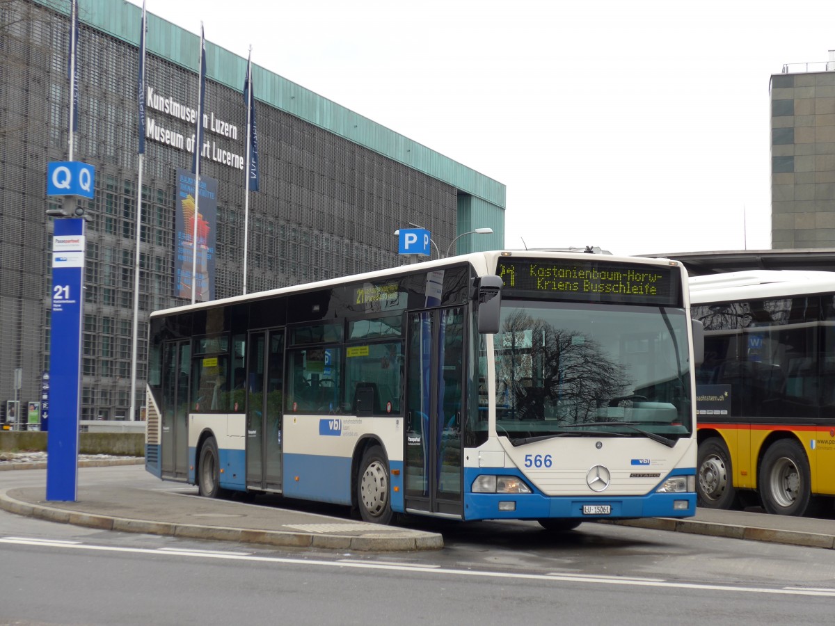 (148'943) - VBL Luzern - Nr. 566/LU 15'061 - Mercedes (ex Gowa, Luzern Nr. 66) am 16. Februar 2014 beim Bahnhof Luzern
