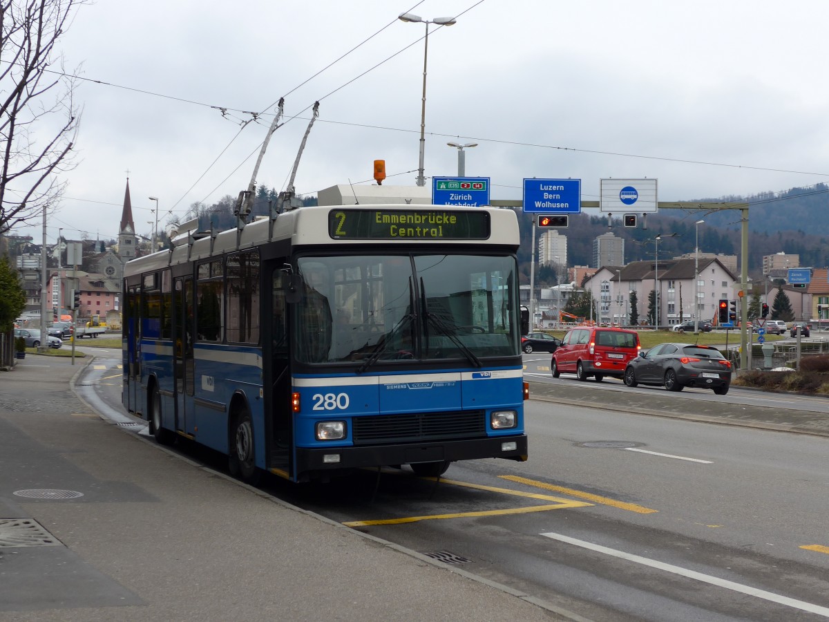 (148'965) - VBL Luzern - Nr. 280 - NAW/R&J-Hess Trolleybus am 16. Februar 2014 in Emmenbrcke, Seetalplatz