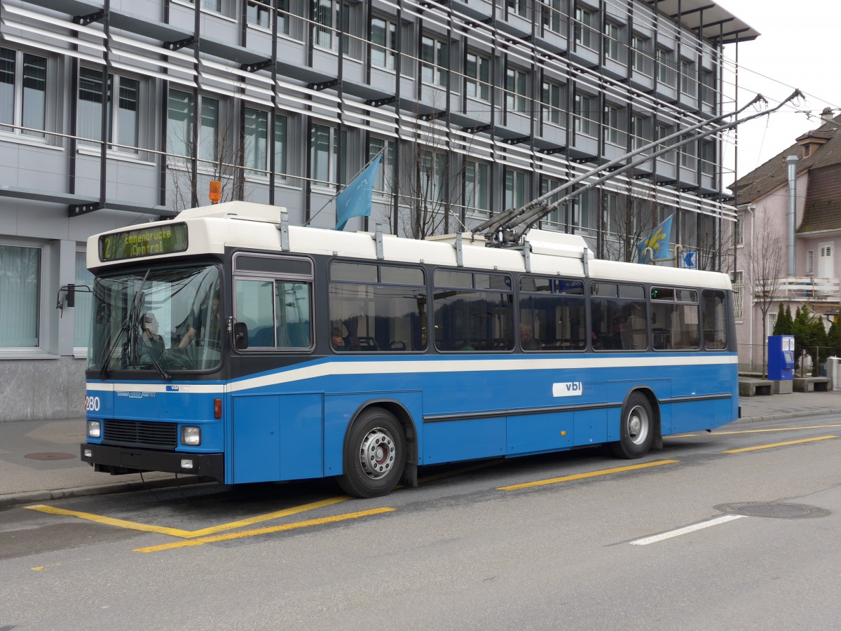 (148'968) - VBL Luzern - Nr. 280 - NAW/R&J-Hess Trolleybus am 16. Februar 2014 in Emmenbrcke, Seetalplatz