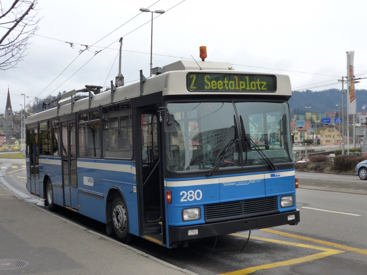 (148'969) - VBL Luzern - Nr. 280 - NAW/R&J-Hess Trolleybus am 16. Februar 2014 in Emmenbrcke, Seetalplatz