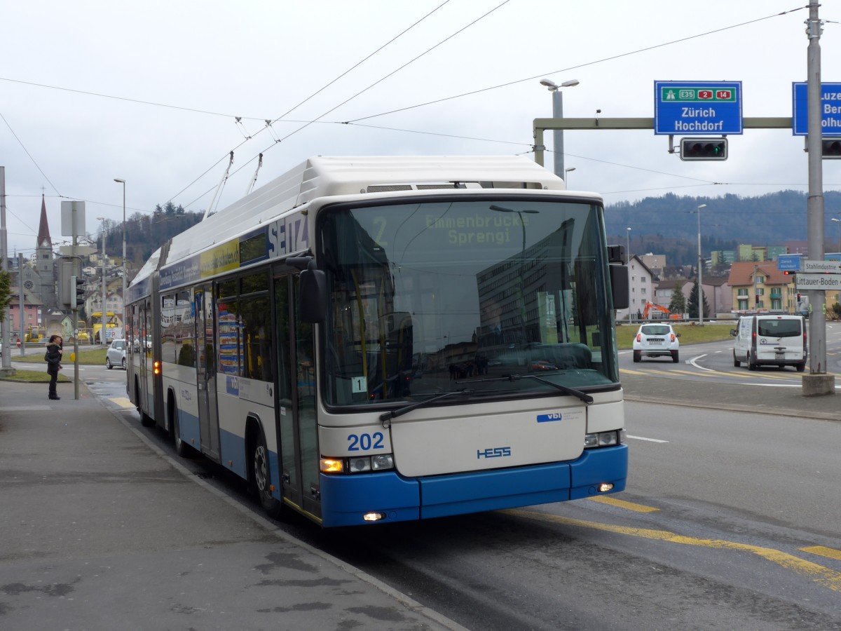 (148'971) - VBL Luzern - Nr. 202 - Hess/Hess Gelenktrolleybus am 16. Februar 2014 in Emmenbrcke, Seetalplatz