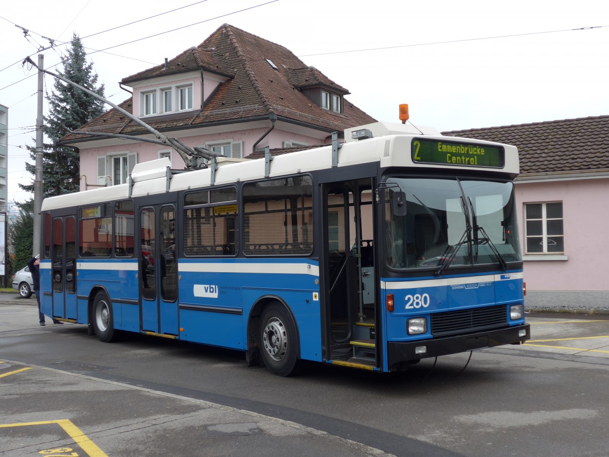 (148'978) - VBL Luzern - Nr. 280 - NAW/R&J-Hess Trolleybus am 16. Februar 2014 in Emmenbrcke, Centralplatz