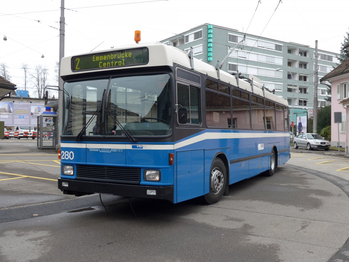 (148'980) - VBL Luzern - Nr. 280 - NAW/R&J-Hess Trolleybus am 16. Februar 2014 in Emmenbrcke, Centralplatz