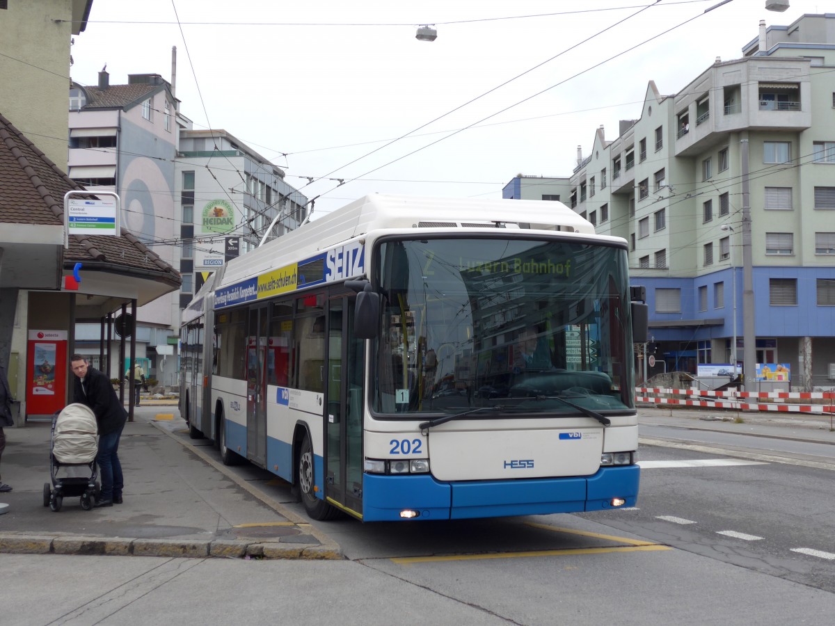 (148'985) - VBL Luzern - Nr. 202 - Hess/Hess Gelenktrolleybus am 16. Februar 2014 in Emmenbrcke, Centralplatz