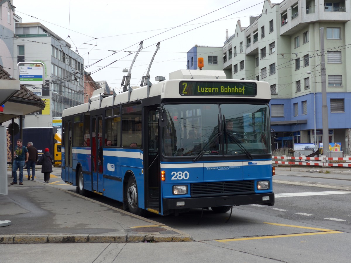 (148'987) - VBL Luzern - Nr. 280 - NAW/R&J-Hess Trolleybus am 16. Februar 2014 in Emmenbrcke, Centralplatz