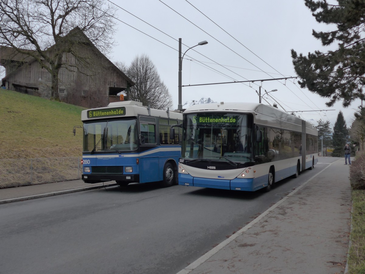 (149'005) - VBL Luzern - Nr. 222 - Hess/Hess Gelenktrolleybus am 16. Februar 2014 in Luzern, Eggen